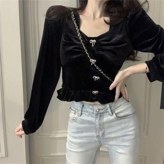 Long-sleeve Bow Velvet Cropped Blouse