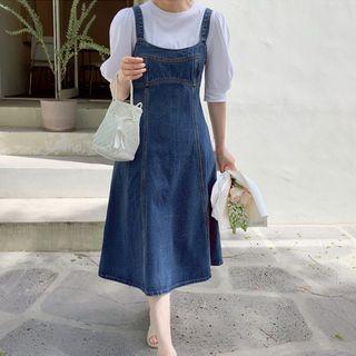 Zip-back Denim Jumper Dress Blue - One Size