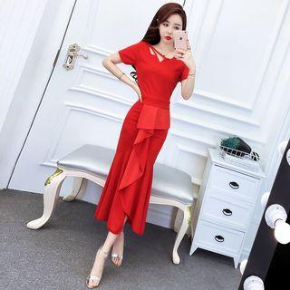 Short-sleeve Ruffle Sheath Midi Dress