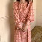 Puff-sleeve Floral Print Midi A-line Dress Floral - Pink - One Size