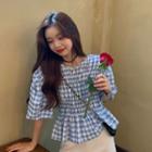 Balloon-sleeve Gingham Shirred Blouse As Shown In Figure - One Size