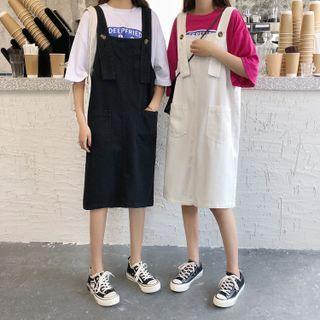 Denim Midi A-line Denim Overall Dress
