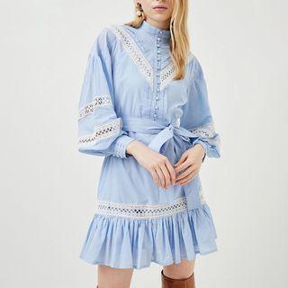 Long-sleeve Lace Trim Mini Smock Dress