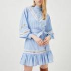 Long-sleeve Lace Trim Mini Smock Dress