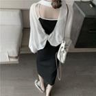 Open Back Lantern-sleeve Shirt / Spaghetti Strap Midi Sheath Dress
