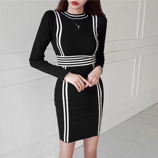 Long-sleeve Striped Detail Knit Dress Black - One Size