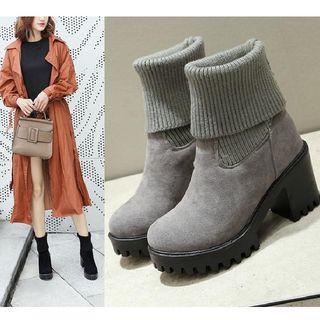 Chunky-heel Knit Panel Mid-calf Boots