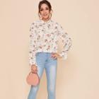 Long-sleeve Flower Print Dotted Blouse