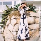 Set: Elbow-sleeve Drawstring Cropped Top + Printed A-line Maxi Skirt