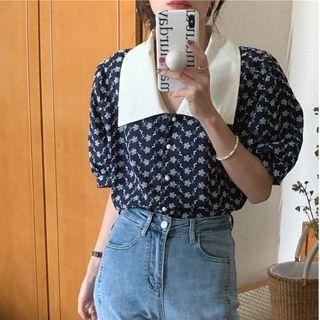 Puff-sleeve Collar Floral Blouse Navy Blue - One Size