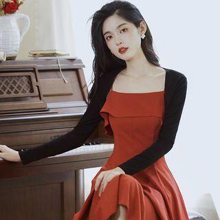 Set: Spaghetti Strap Midi A-line Dress + Crop Jacket