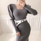 Lantern-sleeve Knit Midi Sheath Dress / Belt