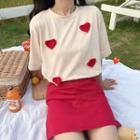 Heart Applique Short-sleeve T-shirt / High Waist A-line Skirt