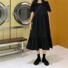 Plain Short-sleeve Midi Shift Dress Black - One Size