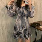 Puff-sleeve Tie-dyed A-line Dress Gray - One Size
