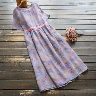 Short-sleeve Floral Embroidered Midi A-line Dress Purple - One Size