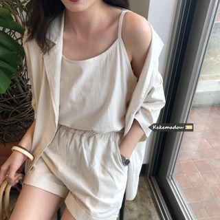3/4-sleeve Single Breasted Blazer / Spaghetti Strap Top / Shorts Set - As Shown In Figure - One Size