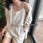 3/4-sleeve Single Breasted Blazer / Spaghetti Strap Top / Shorts Set - As Shown In Figure - One Size