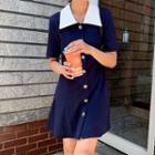 Contrast Trim Short-sleeve Mini Collared Dress Navy Blue - One Size