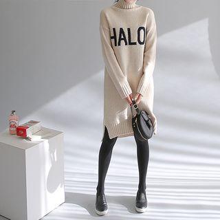Mock-neck Letter Print Knit Dress