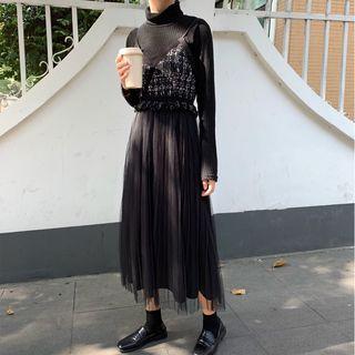 Turtleneck Top / Spaghetti-strap Tweed Panel Mesh Dress / Set