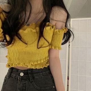 Off-shoulder Lettuce Edge Knit Cropped Top