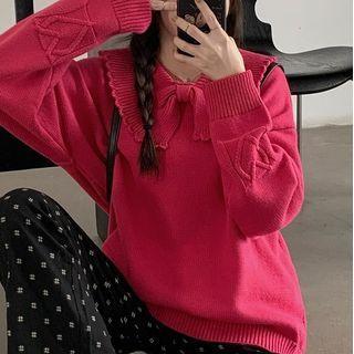 Bow Sweater / Print Wide-leg Pants
