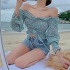 Floral Long-sleeve Drawstring Cropped Blouse
