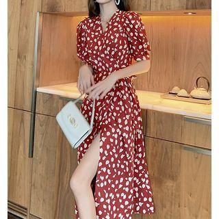 Printed Short-sleeve V-neck Midi A-line Dress