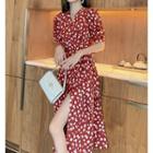 Printed Short-sleeve V-neck Midi A-line Dress