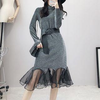 Glitter Mock-neck Long-sleeve Bodycon Dress