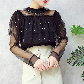 Faux Pearl Long-sleeve Mesh Top
