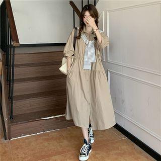 3/4-sleeve Plain Midi Shirt Dress / Striped Shawl / Set