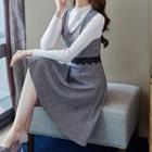 Set: Long-sleeve Knit Top + Houndstooth Midi A-line Pinafore Dress