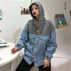 Glitter Panel Hooded Buttoned Denim Jacket As Shown In Figure - One Size
