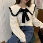 Collar Contrast Trim Blouse White - One Size