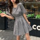 Short-sleeve Plaid Open-back Mini A-line Dress