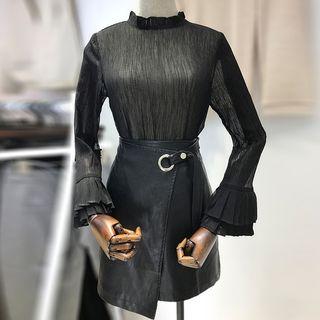 Set: Mock-neck Long-sleeve Top + Faux-leather A-line Skirt