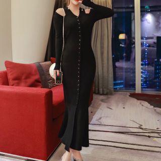Cold-shoulder Plain Knit Dress Black - One Size