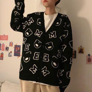Long-sleeve V-neck Print Cardigan Black - One Size