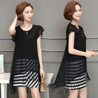 Short-sleeve Paneled Fringe-hem Dress