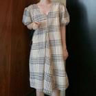 Plaid Puff-sleeve V-neck Mini A-line Dress
