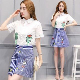 Set: Embroidery Blouse + Striped Skirt