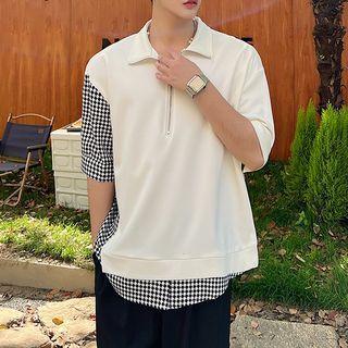 Mock Two-piece Short-sleeve Plaid Panel Polo Shirt