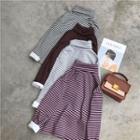 Long-sleeve Turtleneck Stripe Fleece-lining Top