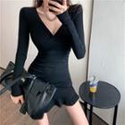 Long-sleeve Plain V-neck Mini Dress Black - One Size