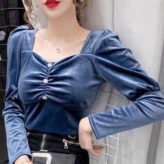 Ruched Long-sleeve Velvet Top