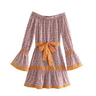 Off-shoulder Contrast Trim Floral Sashed A-line Dress
