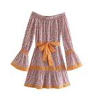 Off-shoulder Contrast Trim Floral Sashed A-line Dress