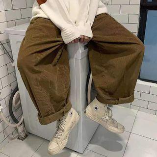 High-waist Plain Corduroy Wide Leg Pants